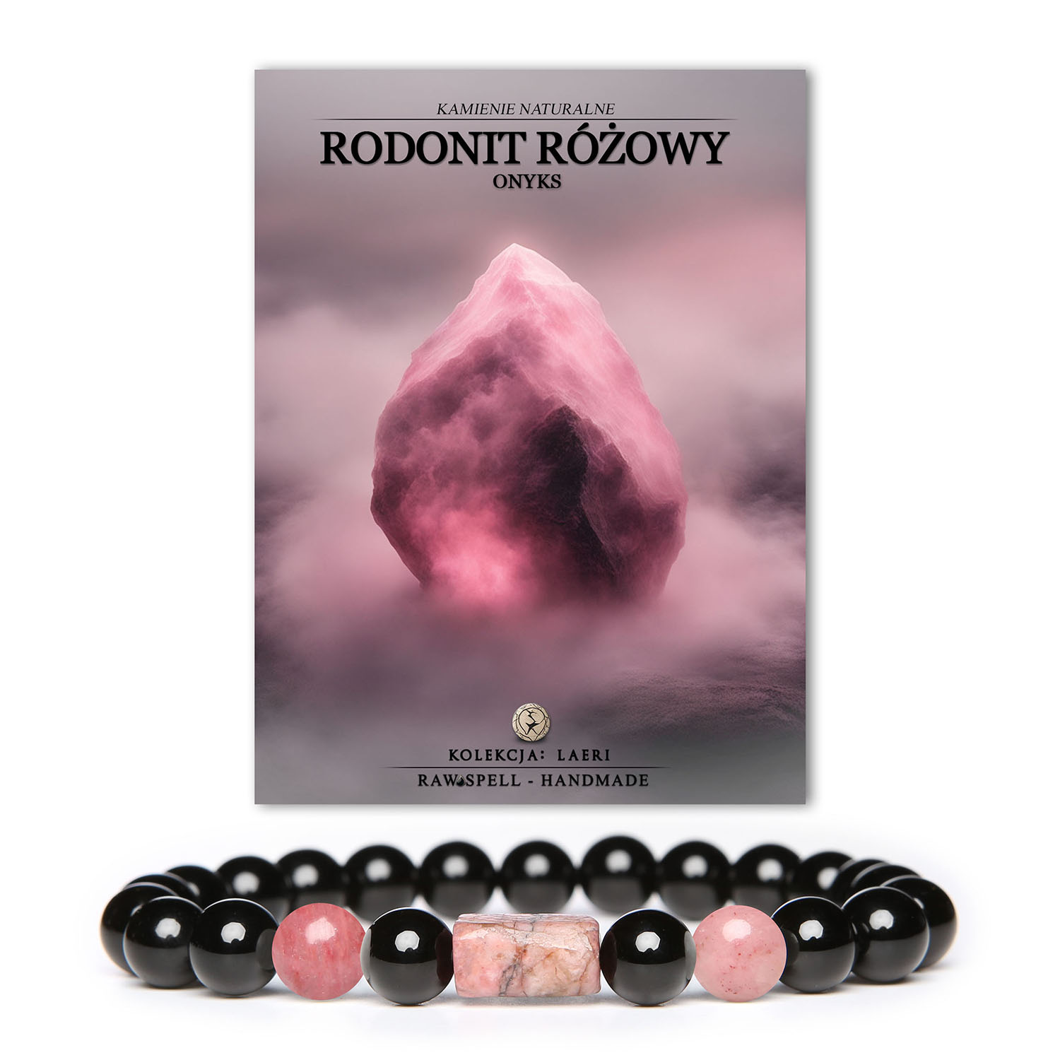 Bransoletka Laeri z naturalnymi kamieniami: różowy rodonit i onyks, idealna dla kobiet i mężczyzn.