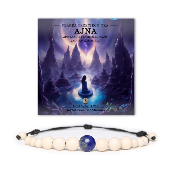 Bransoletka z naturalnych kamieni, przedstawiająca czakrę trzeciego oka Ajna oraz lapis lazuli, inspirowana kolekcją Jaue, z dodatkowymi kamieniami rzecznymi.
