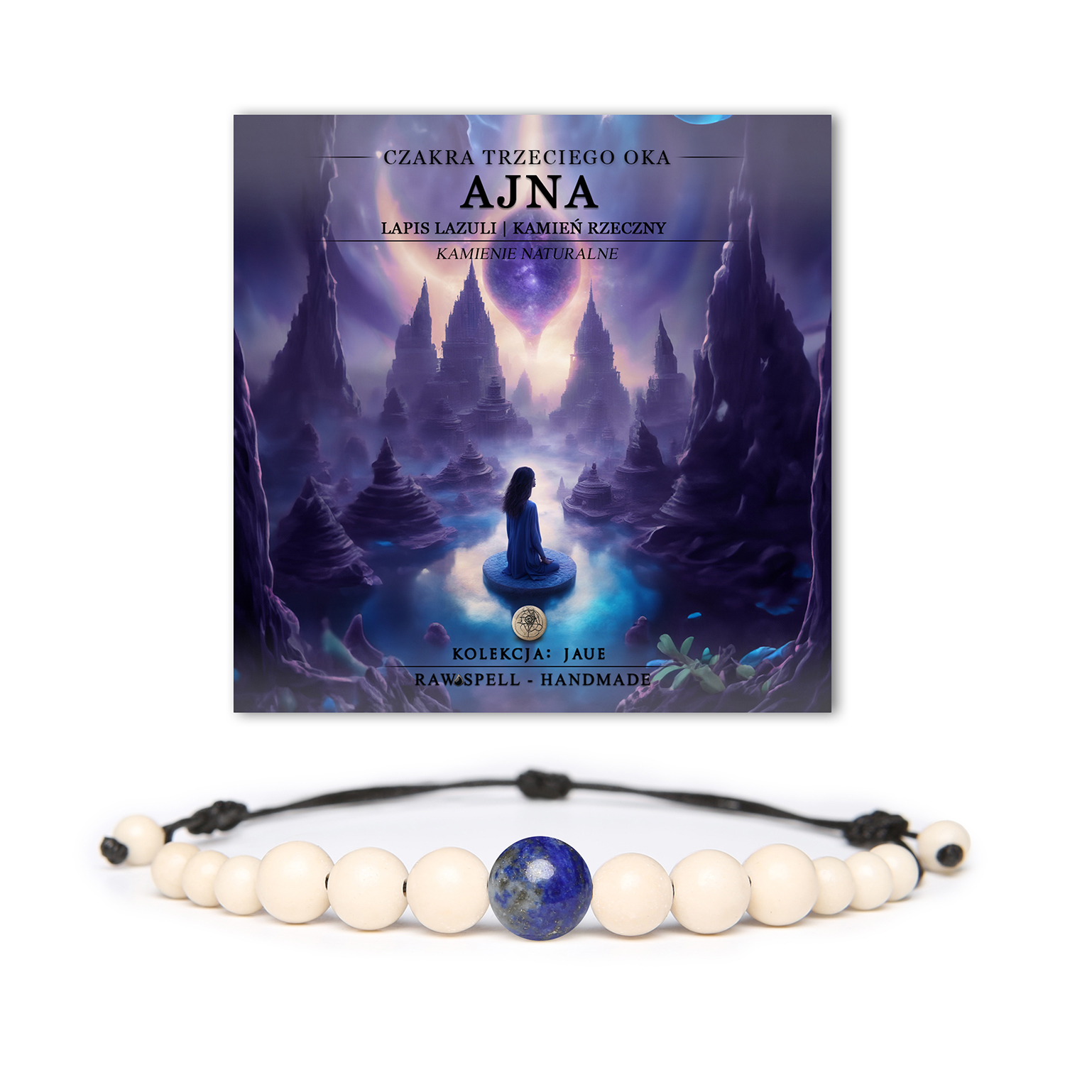 Bransoletka z naturalnych kamieni, przedstawiająca czakrę trzeciego oka Ajna oraz lapis lazuli, inspirowana kolekcją Jaue, z dodatkowymi kamieniami rzecznymi.