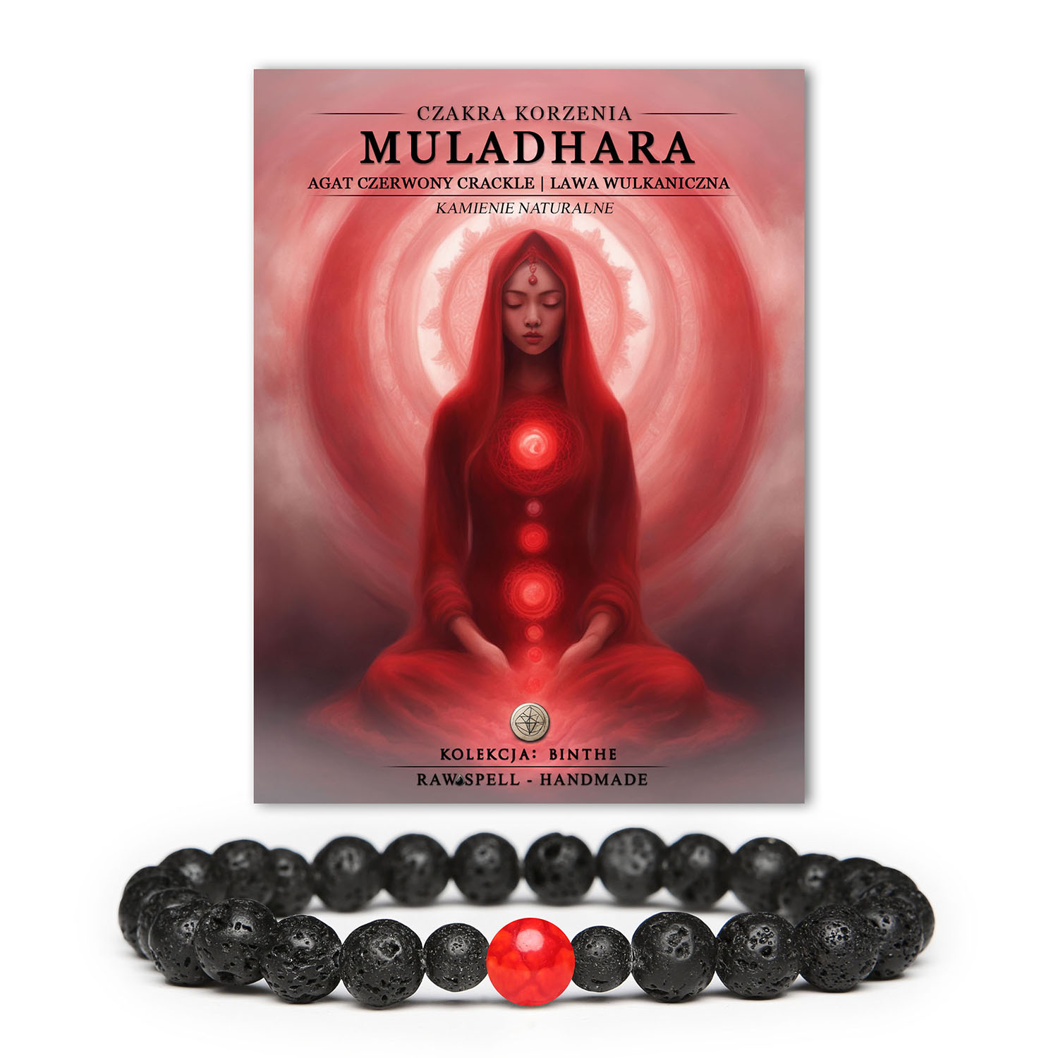 Bransoletka z naturalnych kamieni: Czakra korzenia Muladhara, Agat Czerwony Crackle i lawa wulkaniczna, wykonana przez kolekcję Binthe.