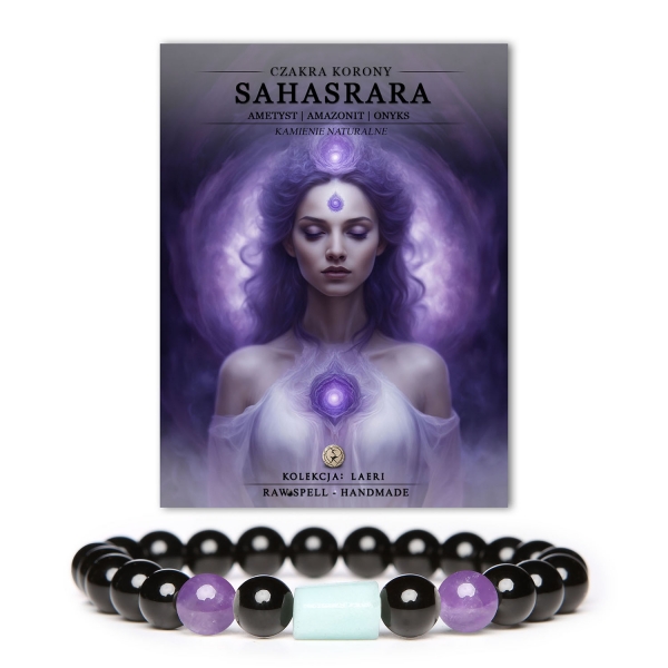 Bransoletka z kamieni naturalnych z czakrami Sahasrara, ametystem, amazonitem i onyksem, z kolekcji Laeri, promująca harmonię i równowagę.