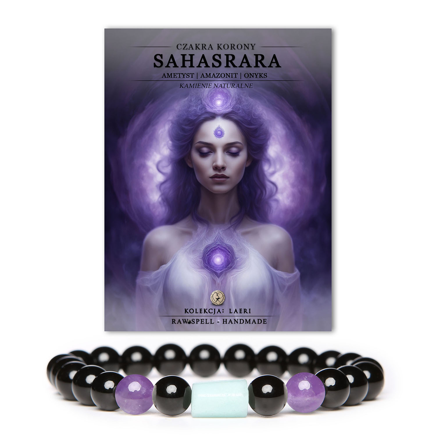 Bransoletka z kamieni naturalnych z czakrami Sahasrara, ametystem, amazonitem i onyksem, z kolekcji Laeri, promująca harmonię i równowagę.