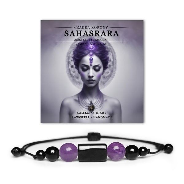 Bransoletka z naturalnych kamieni: ametyst i turmalin, symbolizująca czakrę korony Sahasrara. Elegancka kolekcja Inare.