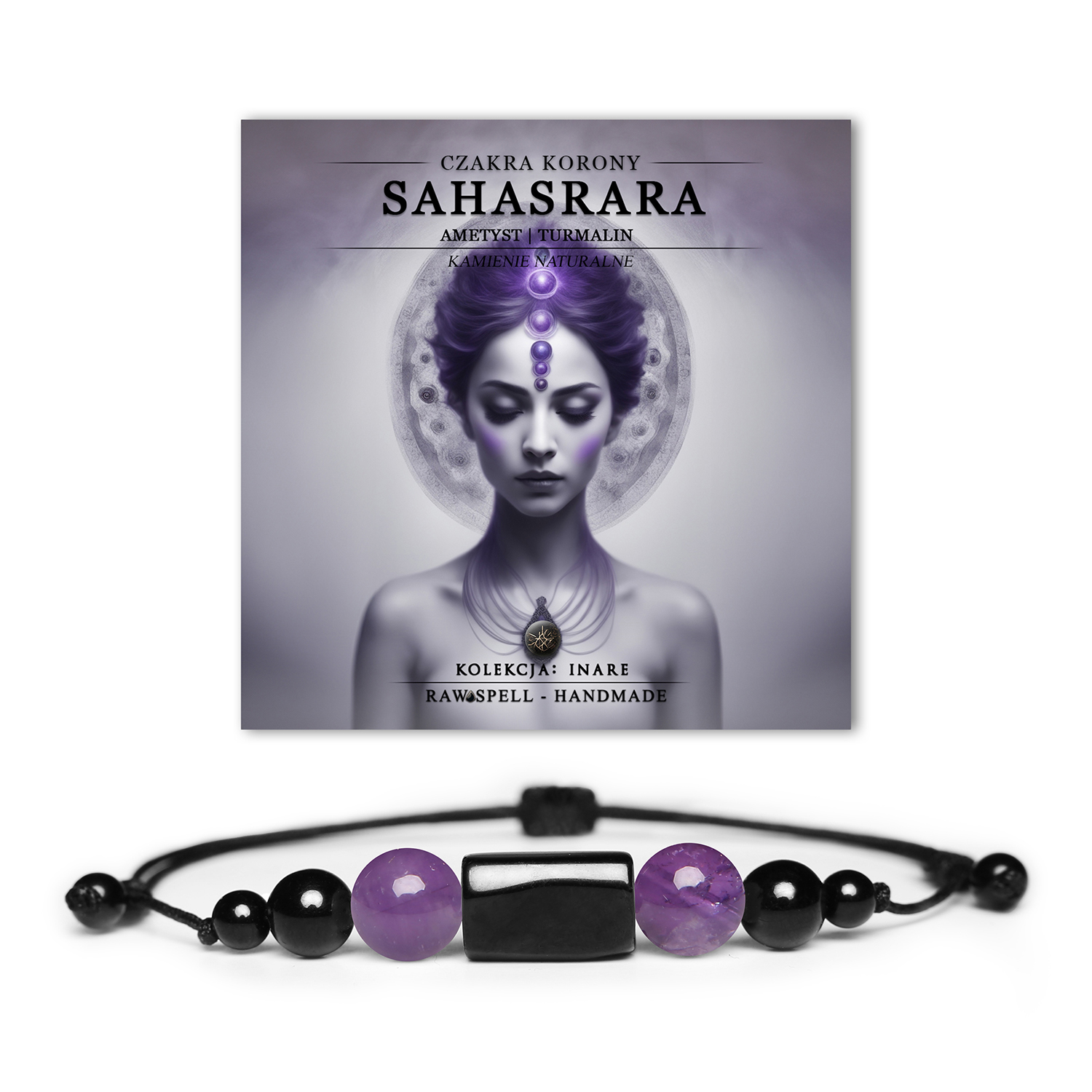 Bransoletka z naturalnych kamieni: ametyst i turmalin, symbolizująca czakrę korony Sahasrara. Elegancka kolekcja Inare.