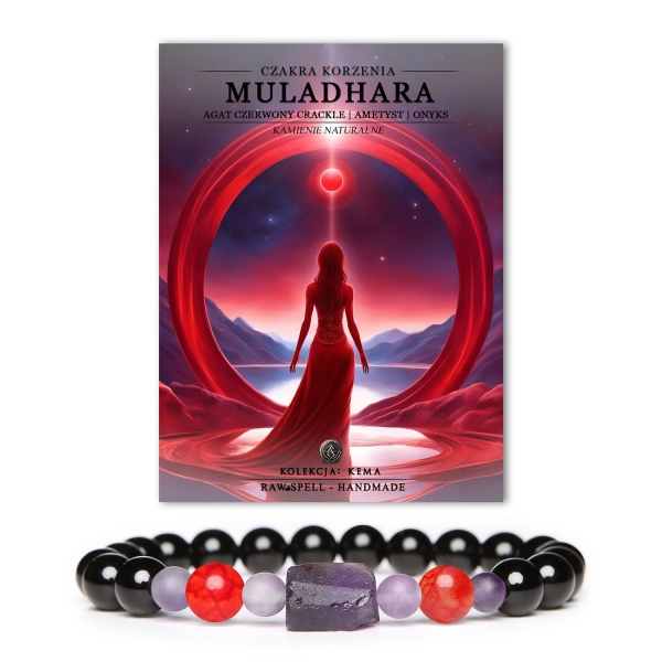 Bransoletka z naturalnych kamieni z czakrami: Muladhara z Agatem Czerwonym Crackle, Ametystami i Onyksami, idealna na każdą okazję.