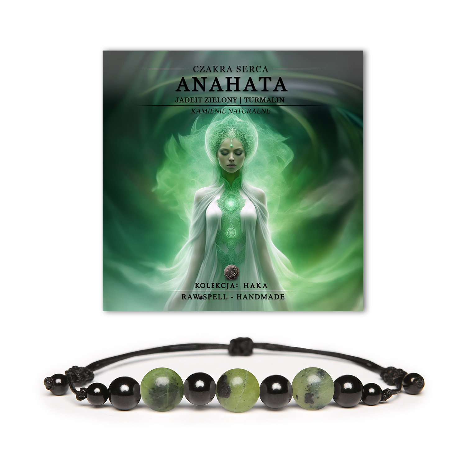 Bransoletka z naturalnych kamieni, łącząca czakrę serca Anahata z jadeitem zielonym i turmalinem, z kolekcji Haka. Idealna na każdą okazję.