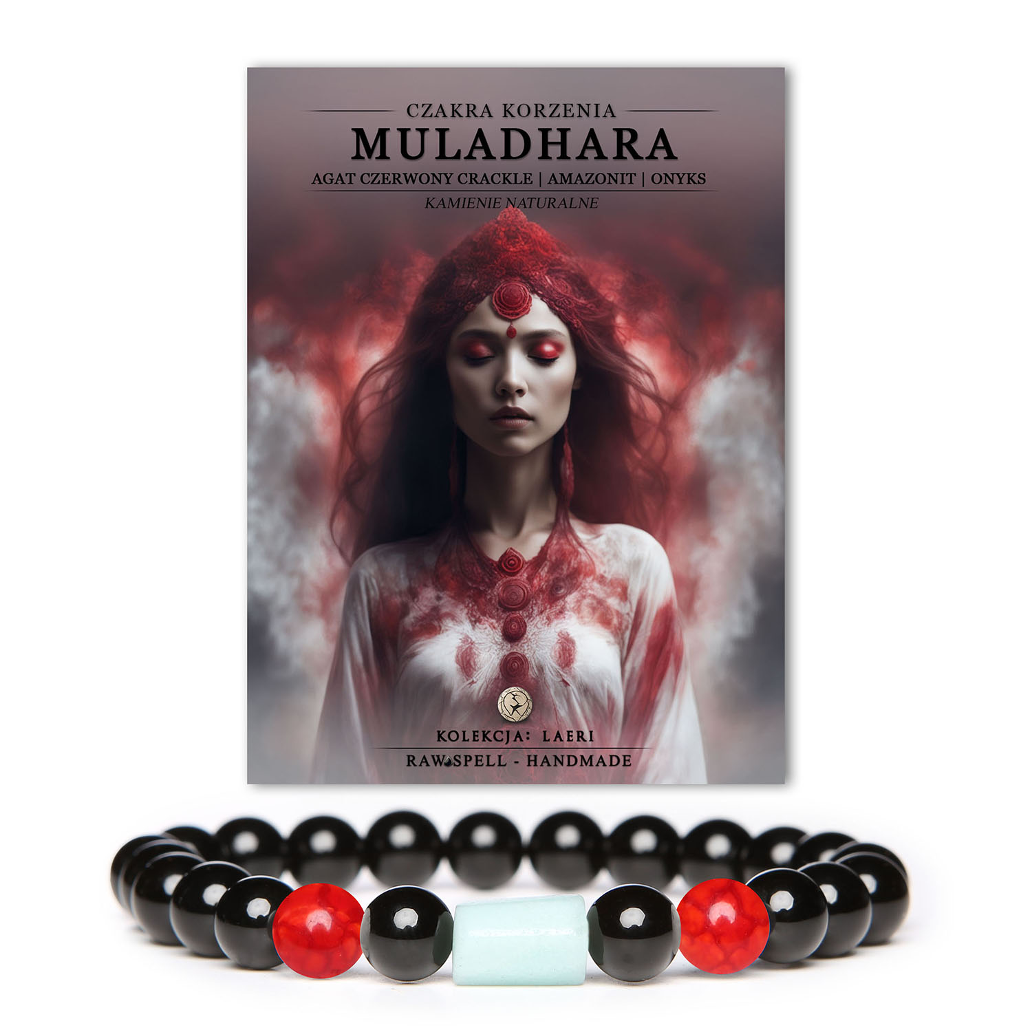Bransoletka z naturalnych kamieni: agat czerwony crackle i amazonit, wspierająca czakrę korzenia Muladhara. Kolekcja Laeri.