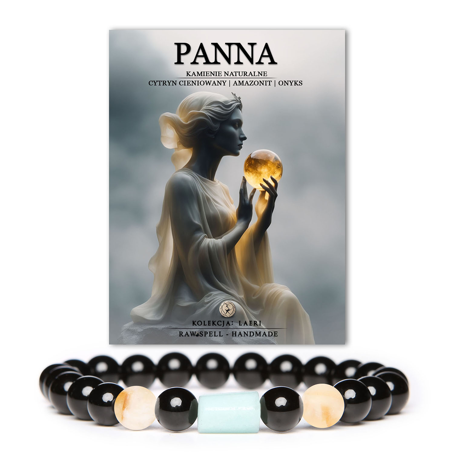 Bransoletka na gumce z naturalnych kamieni dla Panny z kolekcji Laeri: Citrine Gradient, Amazonit i Onyks - elegancja dla niej i dla niego.