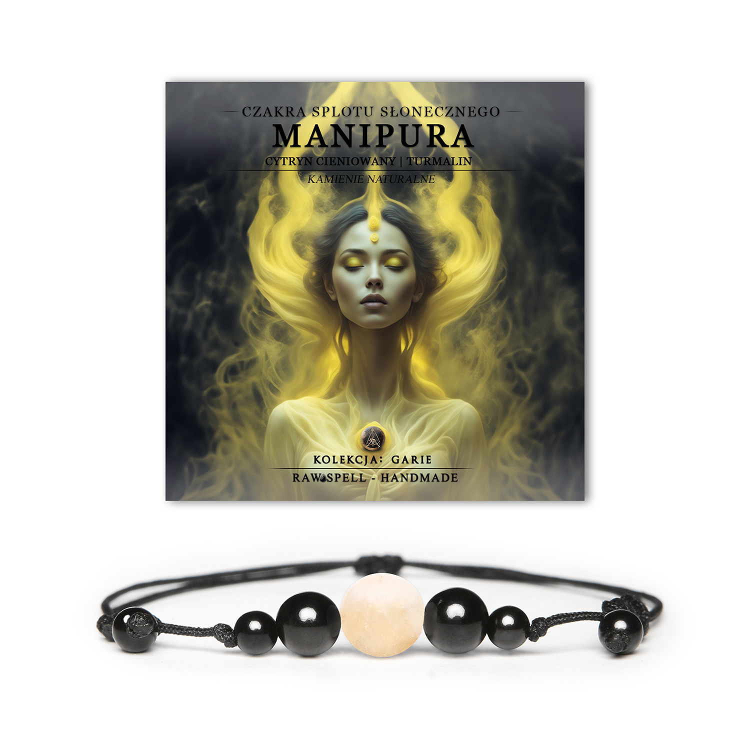 Bransoletka z naturalnych kamieni, łącząca czakrę splotu słonecznego Manipura i cieniowany cytryn. Elementy ochronne z turmalinu w kolekcji Garie.