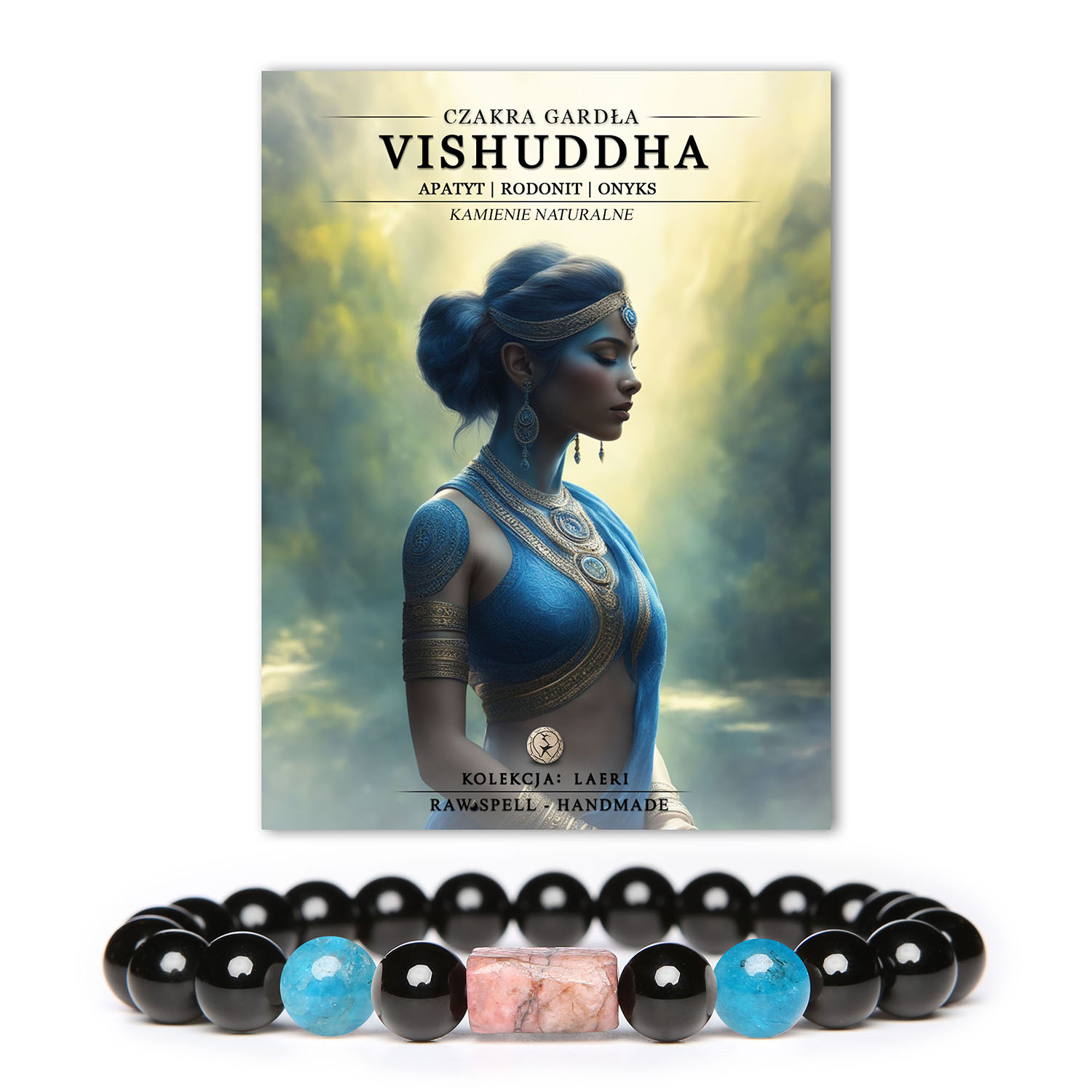 Elegancka bransoletka z naturalnych kamieni, łącząca czakrę gardła Vishuddh z apatytami, rodonitem i onyksem, z kolekcji Laeri.