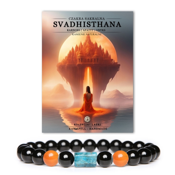 Bransoletka z naturalnych kamieni: czakra sakralna Svadhisthan, Karneol, Apatyt i Onyks, kolekcja Laeri, promująca harmonię i równowagę.