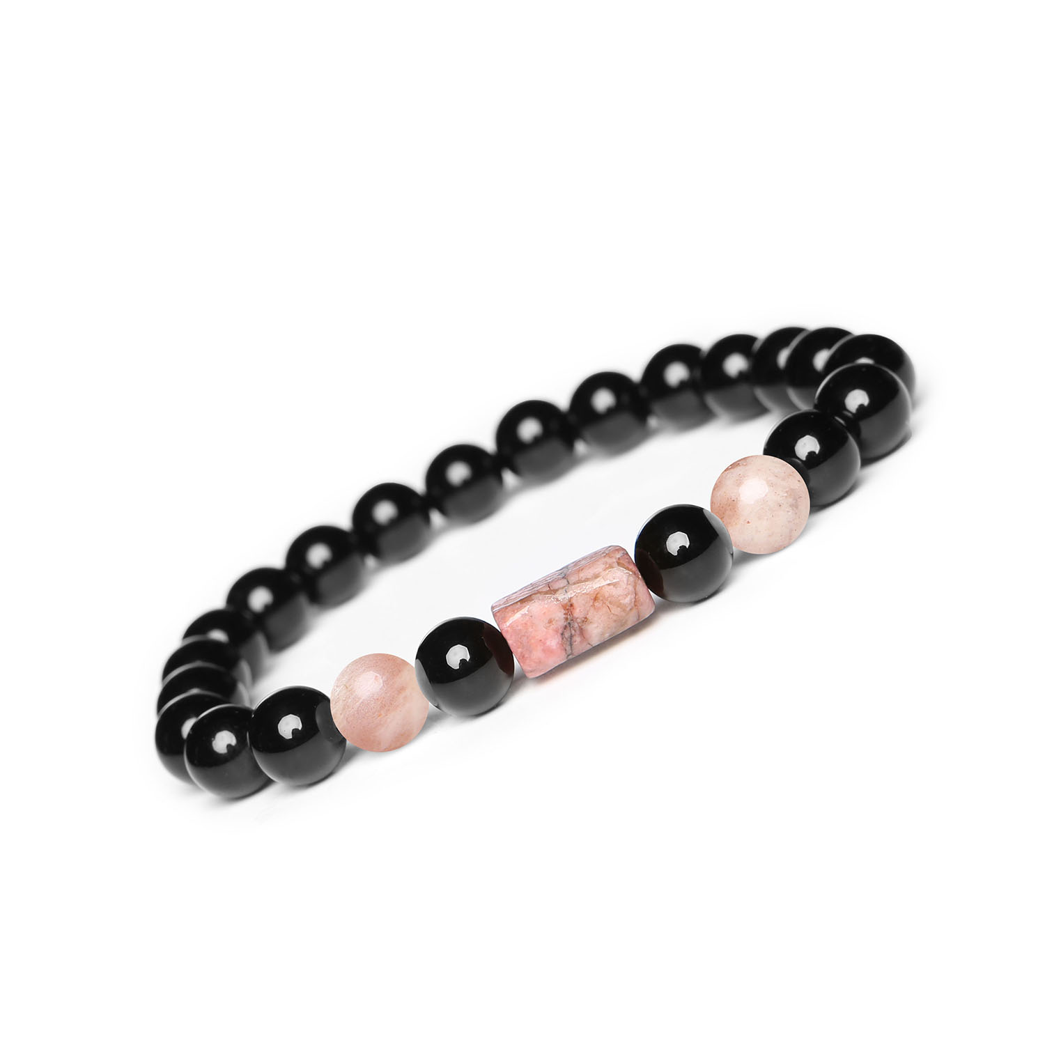 Stylowa bransoletka z kolekcji Laeri, kamień słoneczny, rodonit w odcieniu różowym oraz onyks, doskonała dla kobiet i mężczyzn Elegancka bransoletka Laeri z kamieni naturalnych: Kamień Słoneczny, różowy rodonit i onyks, idealna dla każdego.