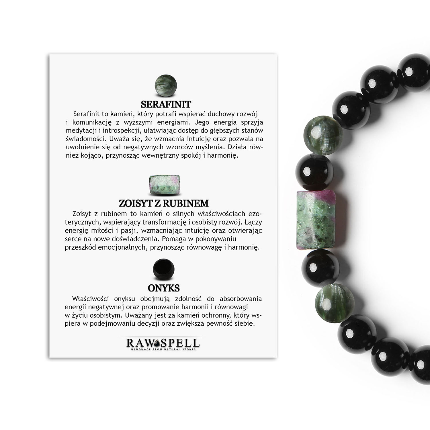 Stylowa bransoletka z kolekcji Laeri, serafinit i zoisit z rubinem oraz onyks - uniwersalna propozycja dla kobiet i mężczyzn Bransoletka Laeri z naturalnych kamieni: serafinit, zoisyt z rubinem i onyks, idealna dla kobiet i mężczyzn.