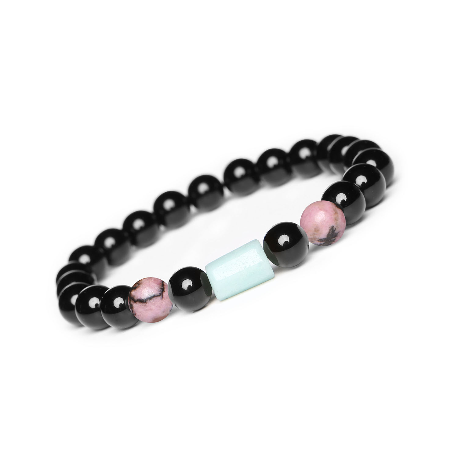 Stylowa bransoletka z kolekcji Laeri, wykonana z rodonitu, amazonitu i onyksu, idealna dla każdego Stylowa bransoletka Laeri z naturalnym rodonitem różowo-czarnym, amazonitem i onyksą, unisex dla wszystkich miłośników biżuterii.