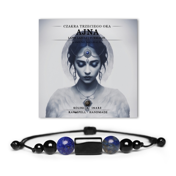 Bransoletka z kamieni naturalnych w kolorze niebieskim, symbolizująca czakrę trzeciego oka Ajna z lapis lazuli, ozdobiona turmalinem.