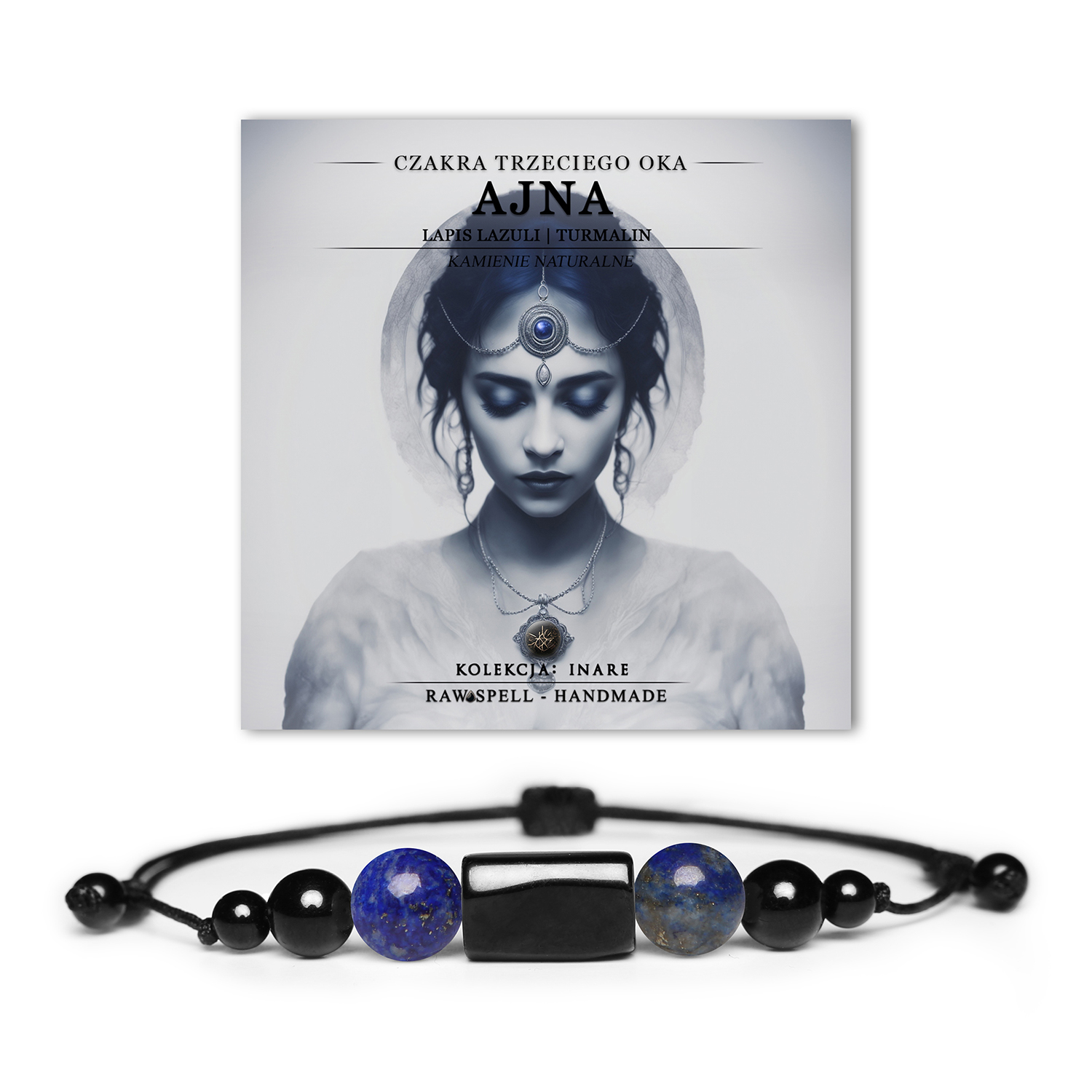 Bransoletka z kamieni naturalnych w kolorze niebieskim, symbolizująca czakrę trzeciego oka Ajna z lapis lazuli, ozdobiona turmalinem.