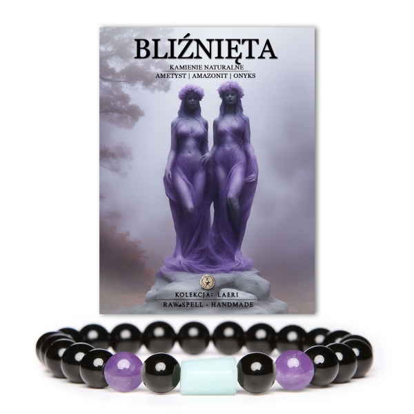 Odkryj bransoletkę z naturalnych kamieni Laeri - ametyst, amazonit i onyks. Idealna dla Bliźniąt, dostępna dla kobiet i mężczyzn.