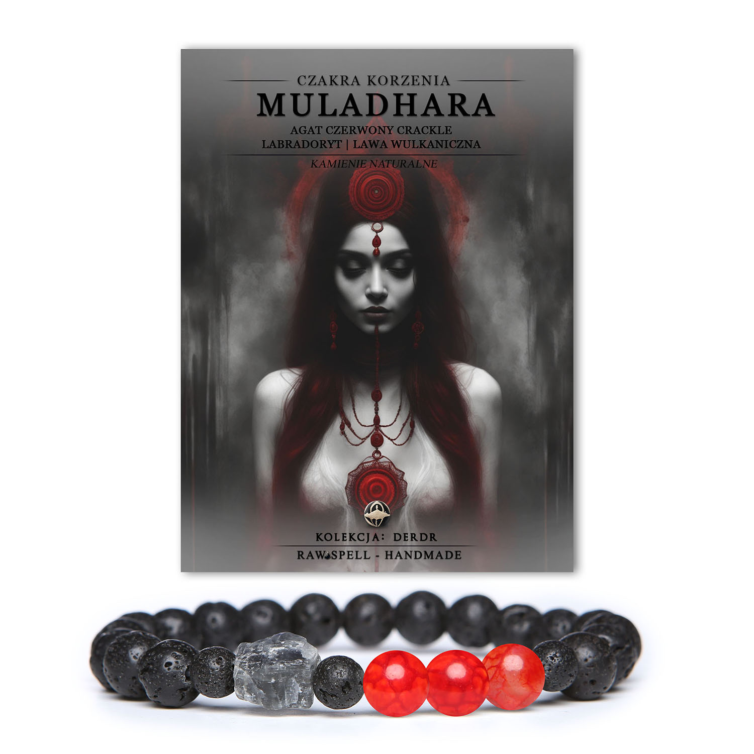 Elegancka bransoletka z kolekcji Derdr, łącząca czerwony agat crackle i lawo wulkaniczną, idealna na każdą okazję i dla miłośników energii czakr.