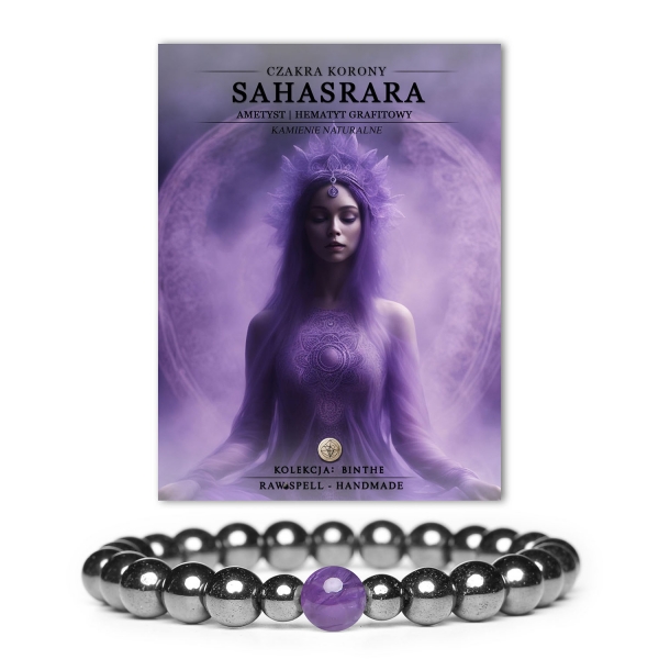 Elegancka bransoletka z ametystem i hematytem grafitowym, reprezentująca czakrę korony Sahasrara. Idealna dopełnienia każdej stylizacji z kolekcji Binthe.