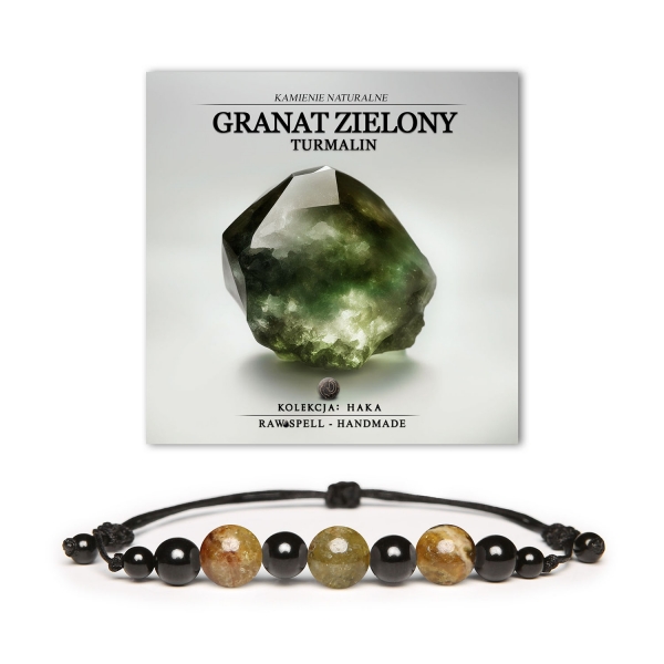 Bransoletka Haka z naturalnymi kamieniami: granat zielony i turmalin, idealna dla kobiet i mężczyzn.