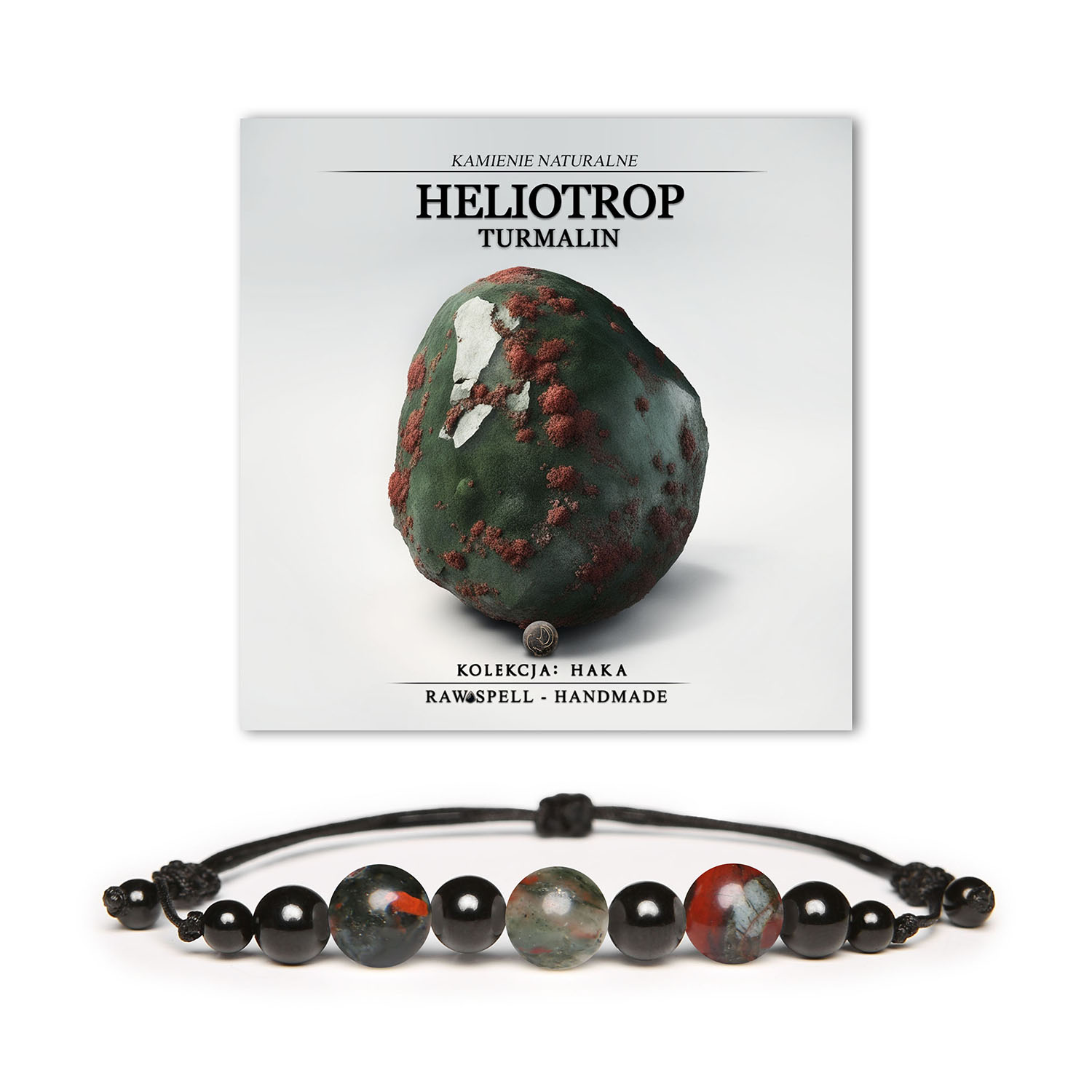 Bransoletka Haka z naturalnymi kamieniami: Heliotrop i Turmalin, idealna dla kobiet i mężczyzn.