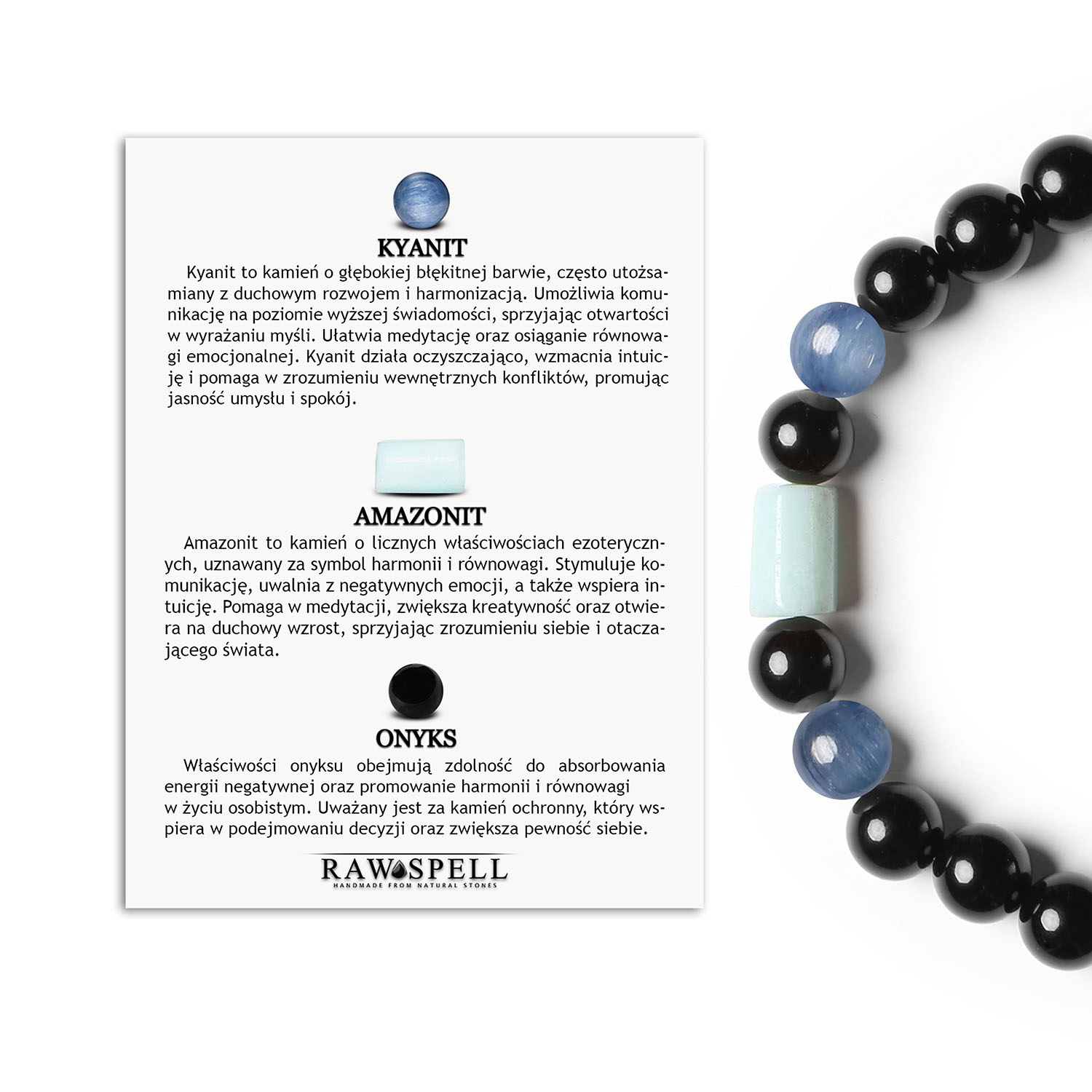 Unikalna bransoletka Laeri z gumką, stworzona z kyanitu, amazonitu i onyksu, odpowiednia dla obu płci Stylowa bransoletka Laeri z kyanitem, amazonitem oraz onyksami, dedykowana zarówno kobietom, jak i mężczyznom.