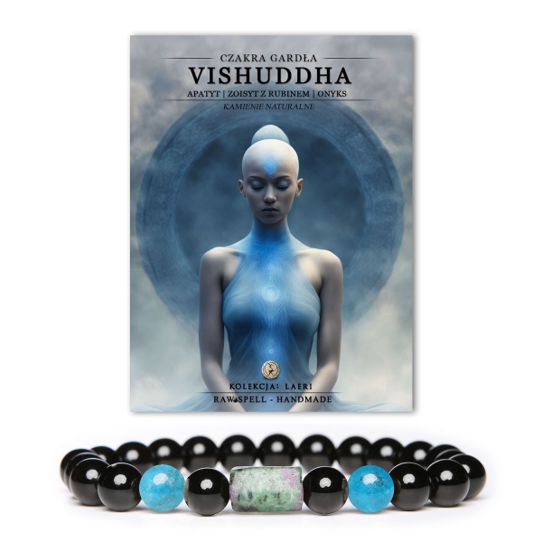 Bransoletka z kamieni naturalnych z czakrą gardła Vishuddh, ozdobiona apatytami, zoisytami z rubinem i onyksami, kolekcja Laeri.