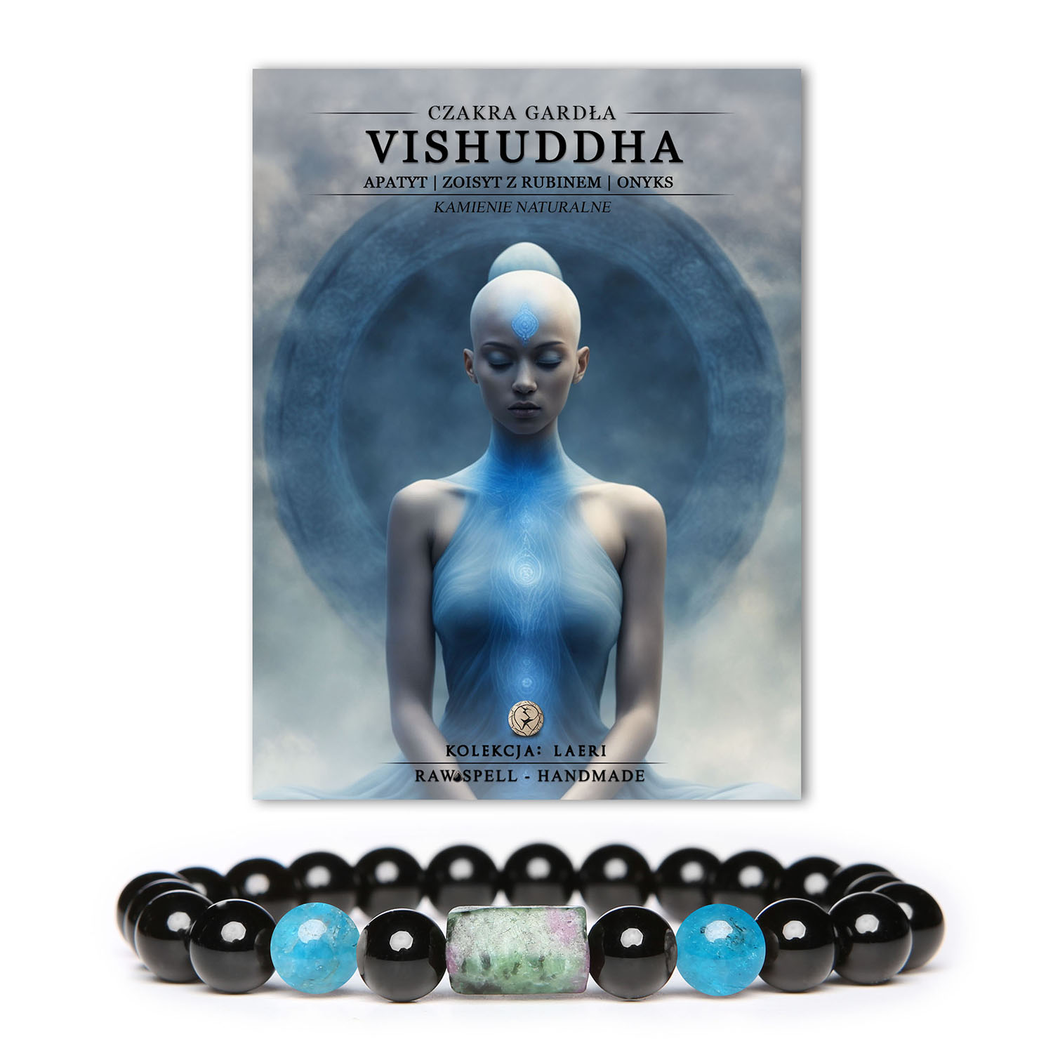 Bransoletka z kamieni naturalnych z czakrą gardła Vishuddh, ozdobiona apatytami, zoisytami z rubinem i onyksami, kolekcja Laeri.