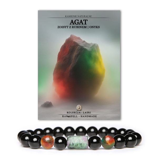 Stylowa bransoletka z kolekcji Dla Kobiet i Mężczyzn, wykonana z agatu, zoisytu z rubinem oraz onyksu, noszona na gumce.