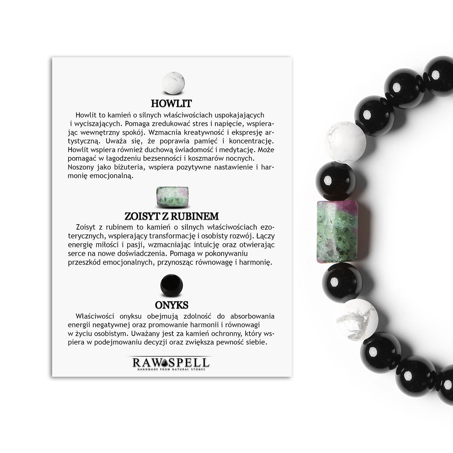 Unikalna bransoletka na gumce Laeri z Howlitem, Zoisyt z Rubinem i Onyks dla Kobiet i Mężczyz Bransoletka z kolekcji Dla Kobiet i Mężczyzn na gumce Laeri z naturalnymi kamieniami: Howlit, Zoisyt z Rubinem i Onyks.