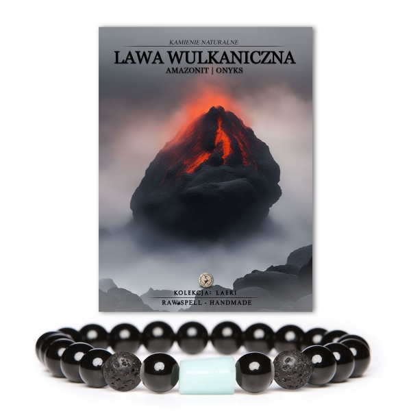 Żar Natury: Bransoletka z kolekcji Laeri. Wykonana z niezwykłych kamieni naturalnych, takich jak Lawa Wulkaniczna, Amazonit i Onyks. Idealna dla tych, którzy kochają ognisty styl.