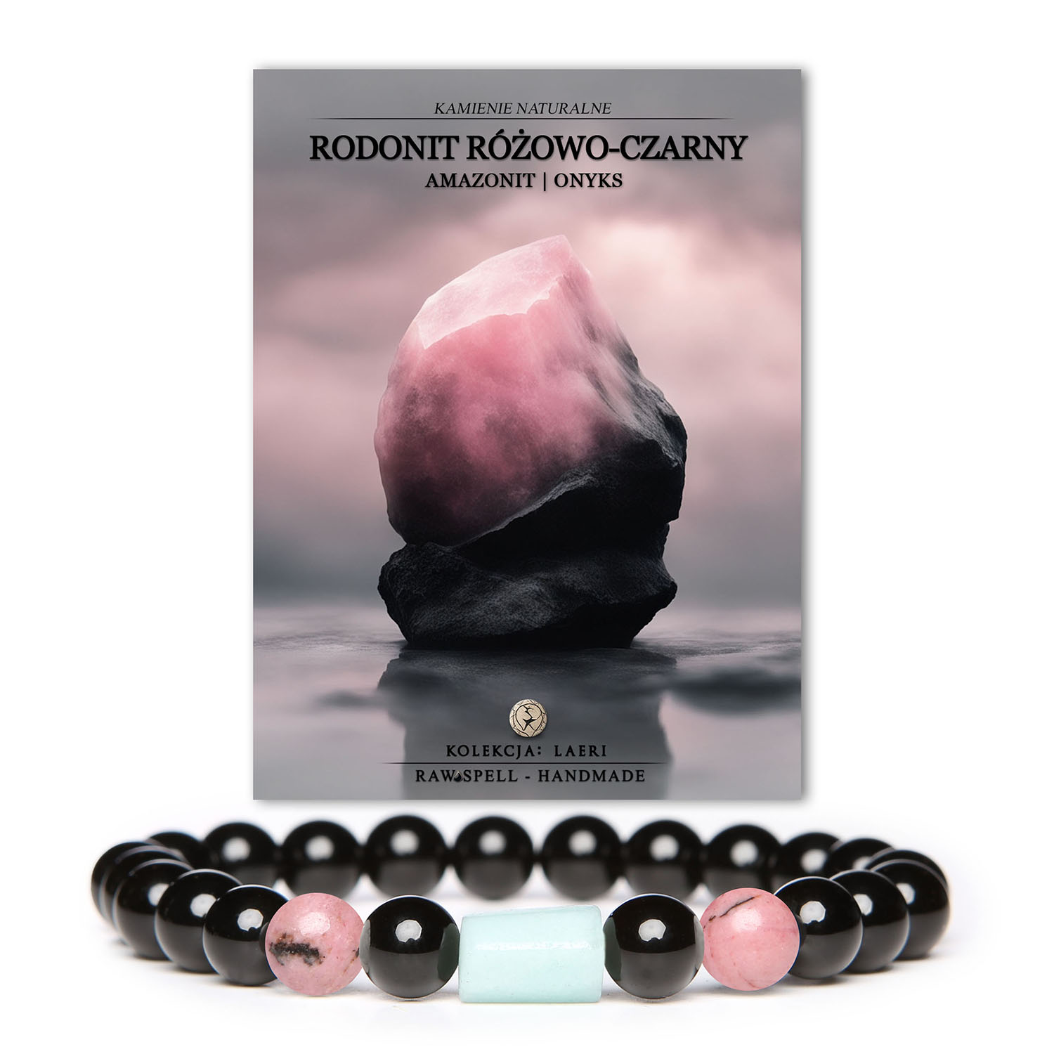 Elegancka bransoletka Laeri z kamieniami rodonit, amazonit i onyks, dostępna dla kobiet i mężczyzn.