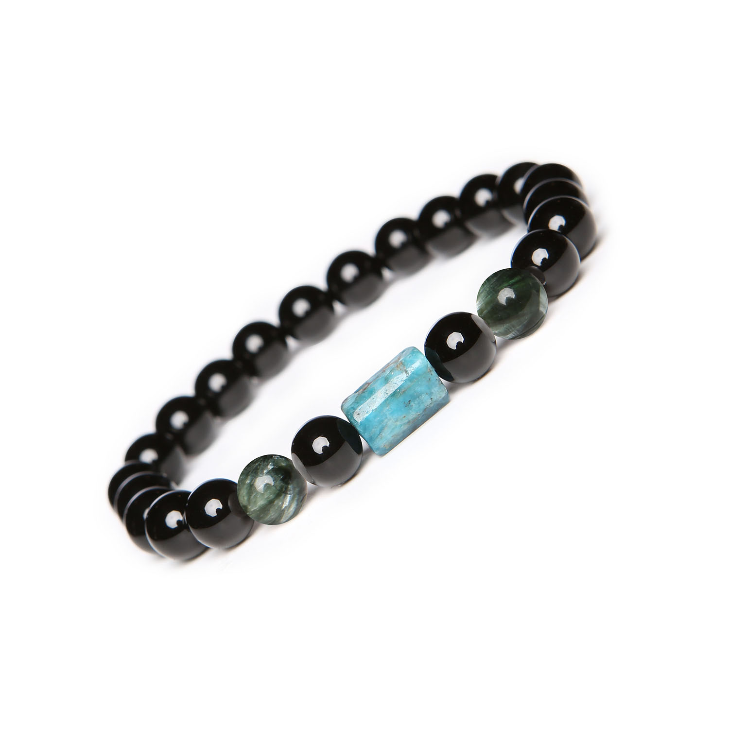 Unikalna bransoletka na gumce Laeri z serafinitu, apatytu i onyksu, dedykowana dla kobiet i mężczyzn Bransoletka z kolekcji Laeri z naturalnymi kamieniami serafinitu, apatytu i onyksu - idealna dla kobiet i mężczyzn.