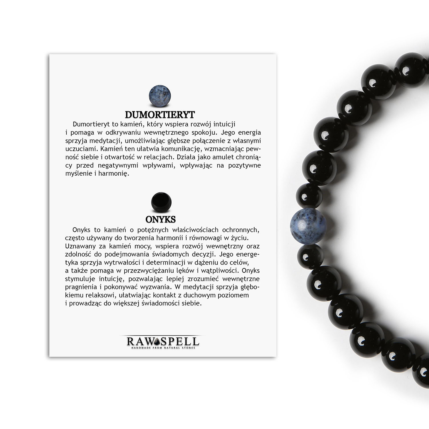 Unikalna bransoletka na gumce z kolekcji Binthe, Dumortieryt i Onyks dla kobiet i mężczyzn Bransoletka z kolekcji Binthe, stworzona z naturalnych kamieni dumortierytu i onyksu, idealna dla kobiet i mężczyzn.