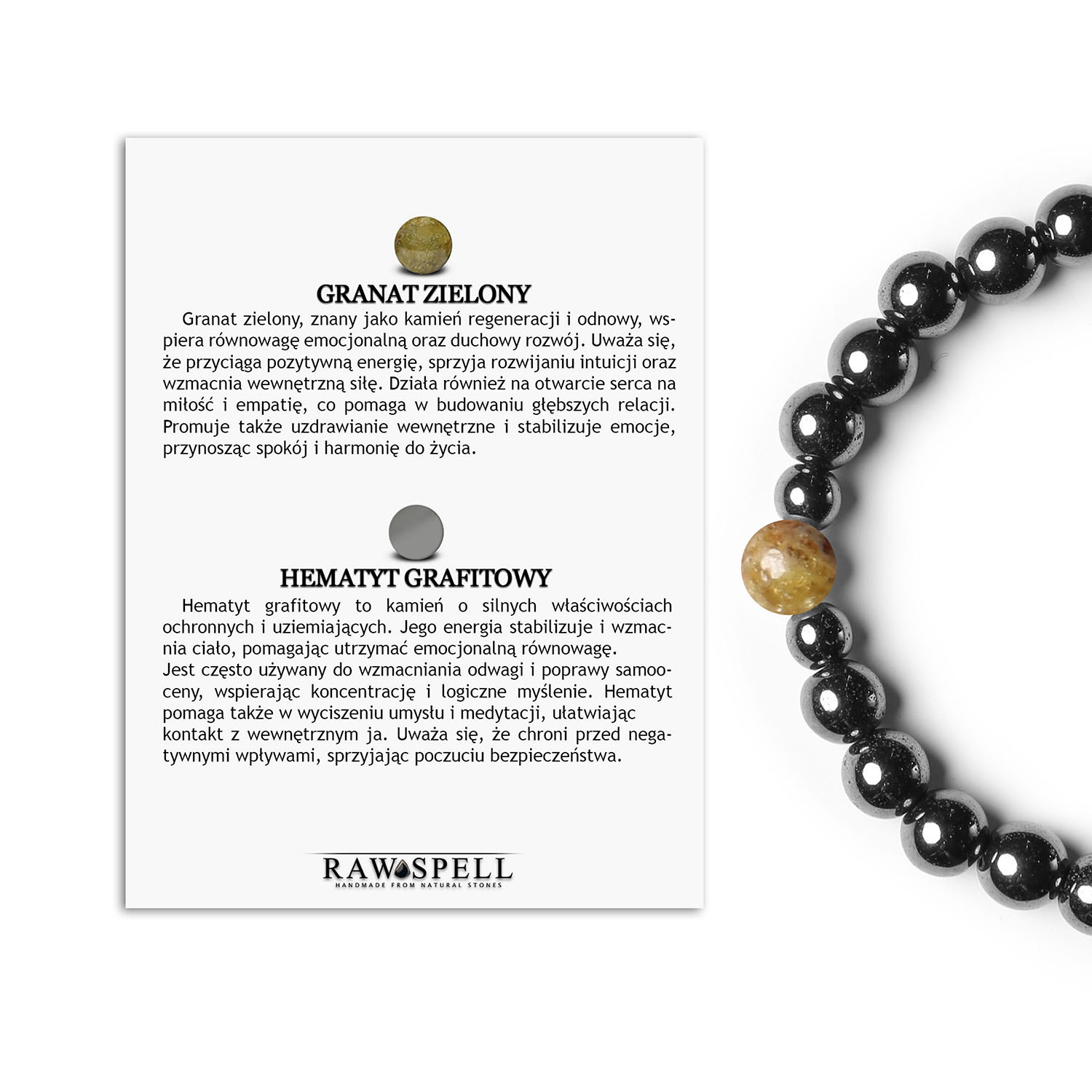 Unikalna bransoletka na gumce z kolekcji Binthe, Granat Zielony i Hematyt Grafitowy, odpowiednia Bransoletka z kolekcji Binthe, wykonana z naturalnych kamieni: zielonego granatu i grafitowego hematytu, przeznaczona dla kobiet i mężczyzn.