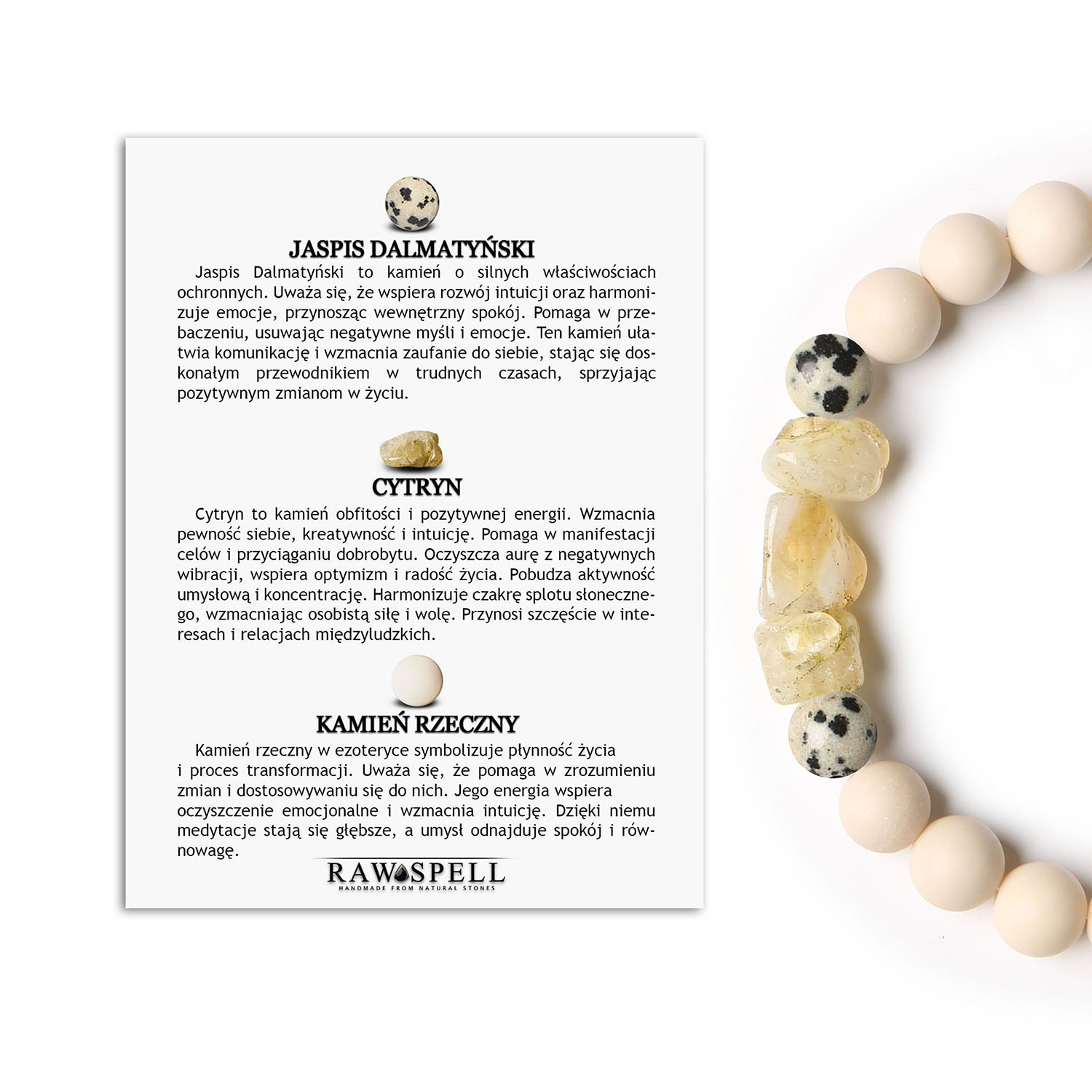 Unikalna bransoletka na gumce z kolekcji Cymiri z Jaspisem Dalmatyńskim, Cytrynem i Kamieniem Rzecznym - idealna dla kobiet i mężczyzn Bransoletka z kolekcji Cymiri, dla kobiet i mężczyzn, wykonana z naturalnych kamieni: jaspis dalmatyński, cytryn i kamień rzeczny.