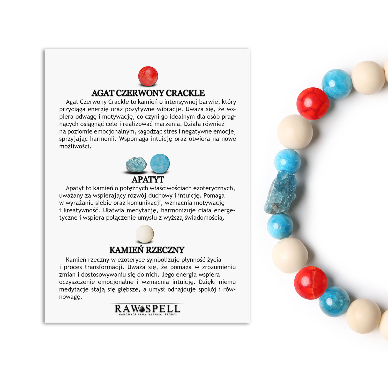 Unikalna bransoletka na gumce z kolekcji Fair, zawierająca Agat Czerwony Crackle, Apatyt i Kamień Rzeczny, stworzona z myślą o kobietach Bransoletka z kolekcji Fair z czerwonym agatem crackle, apatytami i kamieniami rzecznymi, idealna dla kobiet i mężczyzn.