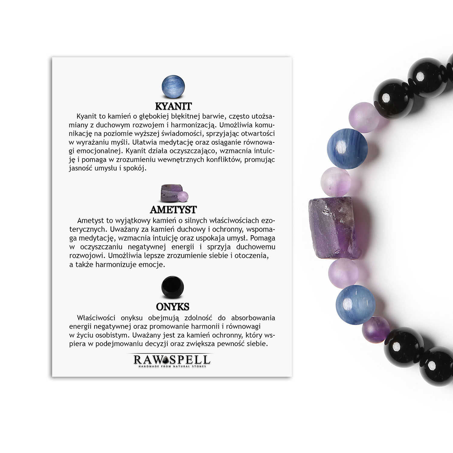 Unikalna bransoletka na gumce z kolekcji Kema - Kyanit, Ametyst, Onyks dla kobiet i mężczyzn Bransoletka z kolekcji Kema z naturalnymi kamieniami: kyanitem, ametystem i onyksem, idealna dla kobiet i mężczyzn.