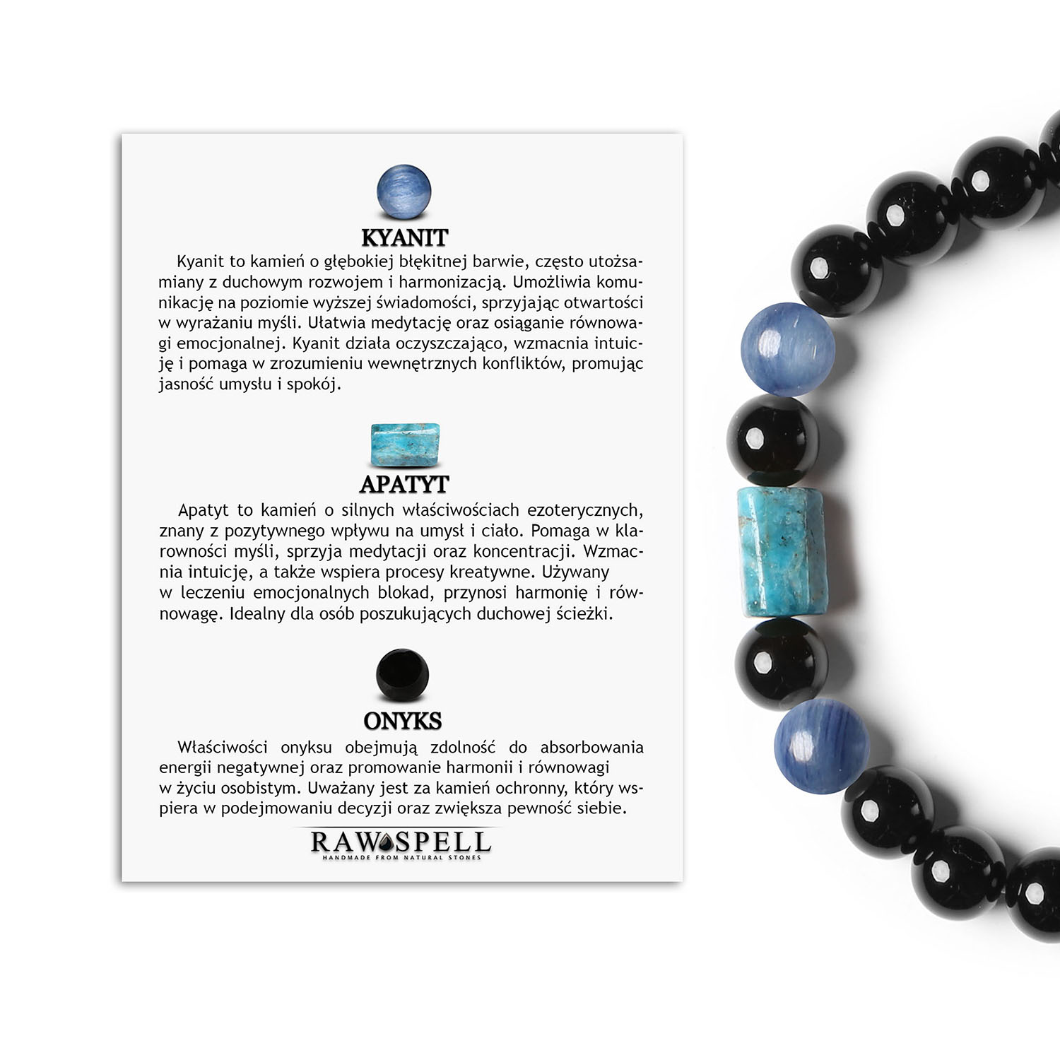 Unikalna bransoletka na gumce z kolekcji Laeri w kyanicie, apatytach i onyksach dla kobiet i mężczyzn Stylowa bransoletka z kolekcji Laeri, wykonana z kyanitu, apatytu i onyksem, dostępna dla wszystkich płci.