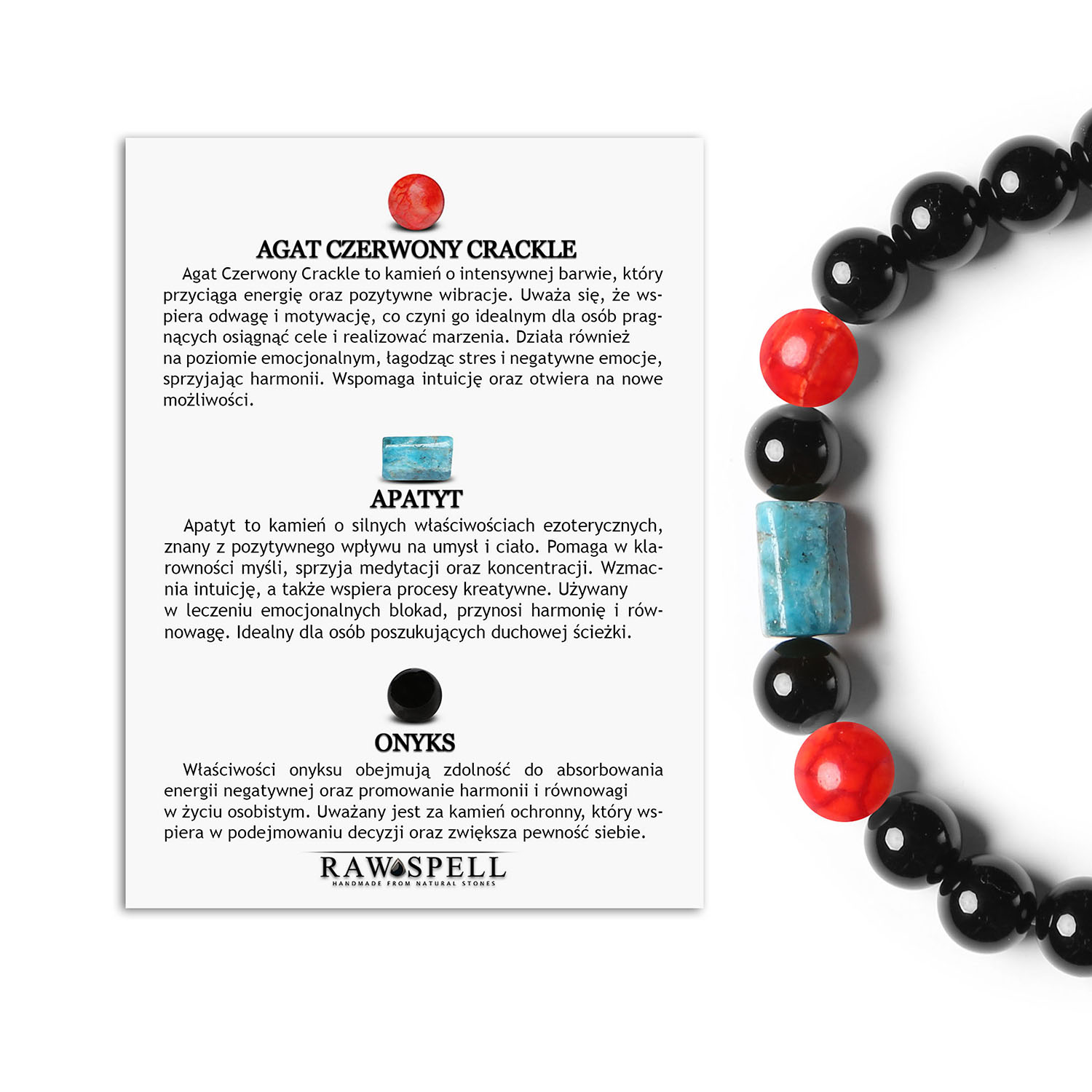 Unikalna bransoletka na gumce z kolekcji Laeri z dodatkiem Agatu Czerwonego Crackle, Apatytem i Onyksem dla wszystkich Bransoletka z kolekcji Laeri wykonana z naturalnych kamieni: agat czerwony crackle, apatyt i onyks, dostępna dla kobiet i mężczyzn.