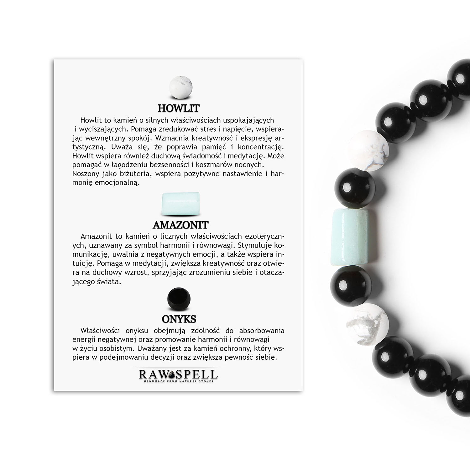 Unikalna bransoletka na gumce z kolekcji Laeri z howlitem, amazonitem i onyksami dla każdego Stylowa bransoletka Laeri z kamieniami naturalnymi, takimi jak howlit, amazonit i onyks, dedykowana wszystkim płciom.