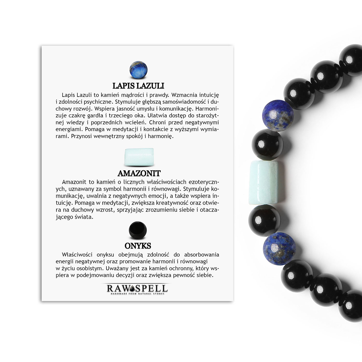 Unikalna bransoletka na gumce z kolekcji Laeri, zawierająca Lapis Lazuli, Amazonit i Onyks dla Niej i Niego Elegancka bransoletka z lapis lazuli, amazonitem i onyksem z kolekcji Laeri, doskonała na prezent dla kobiet i mężczyzn.