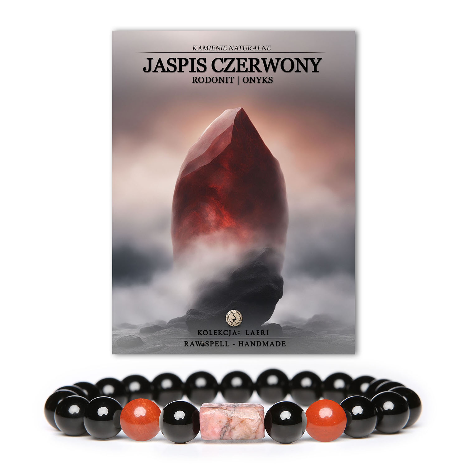 Kolekcja Laeri - bransoletka z naturalnymi kamieniami: jaspis czerwony, rodonit różowy i onyks, stylowa i elegancka bransoletka dla kobiet i mężczyzn