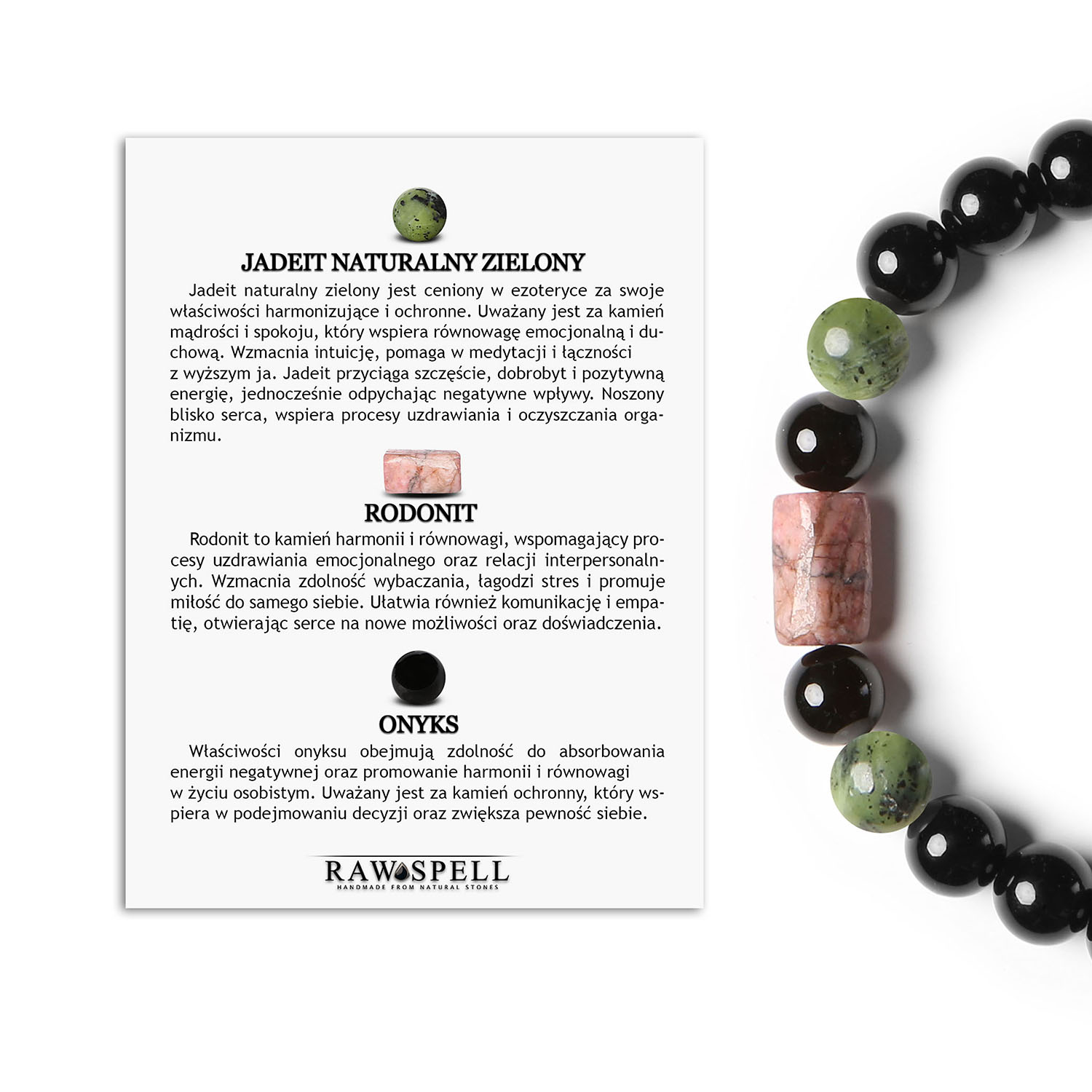 Unikalna bransoletka na sznurku z kolekcji Laeri łącząca jadeit zielony, różowy rodonit i onyks, perfekcyjna dla każdego Bransoletka z kolekcji Laeri, wykonana z naturalnych kamieni: zielony jadeit, różowy rodonit oraz onyks, idealna dla kobiet i mężczyzn.