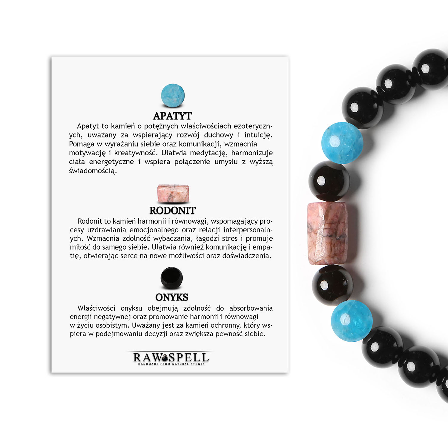 Unikalna bransoletka na sznurku z kolekcji Laeri, w skład której wchodzą apatyt, różowy rodonit i onyks, dla kobiet i mężczyzn Bransoletka z kolekcji Laeri z naturalnych kamieni: apatyt, różowy rodonit i onyx. Doskonała dla kobiet i mężczyzn.