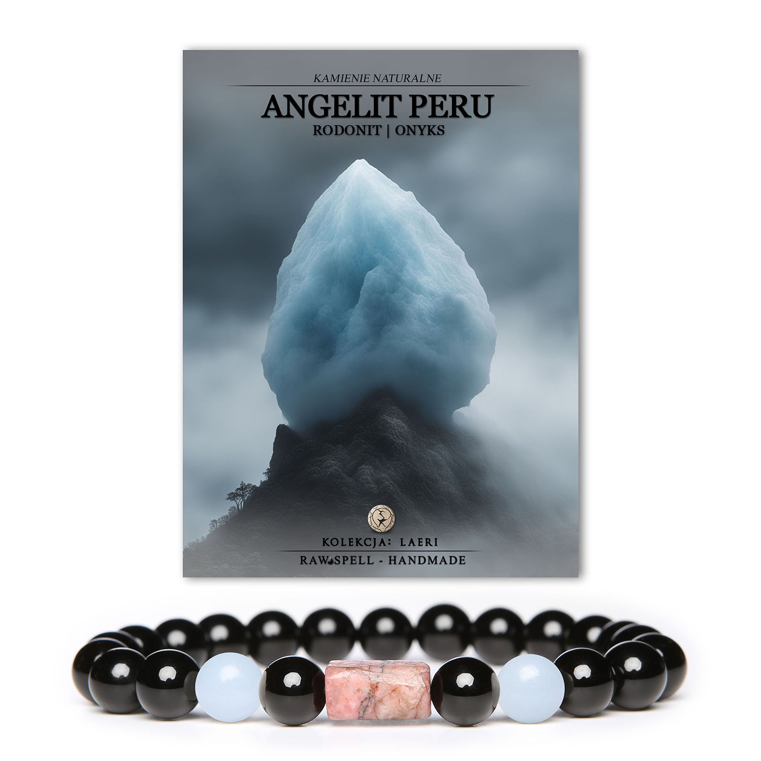 Bransoletka Laeri z naturalnymi kamieniami: Angelit z Peru, różowy Rodonit i Onyks - idealna dla kobiet i mężczyzn.