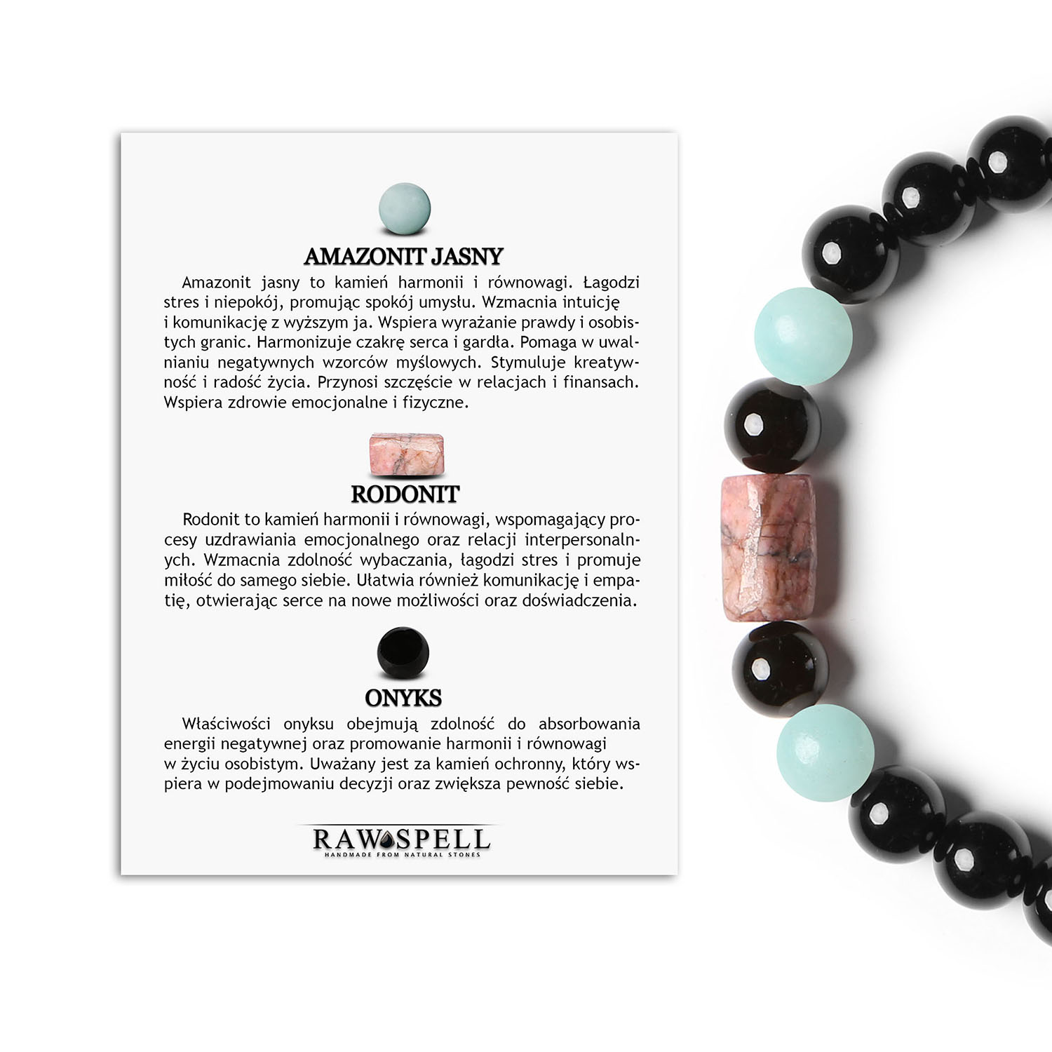 Unikalna bransoletka na sznurku z kolekcji Laeri z jasnym amazonitem, rodonitem w kolorze różowym oraz onyksem, dla kobiet i mężczyz Dla kobiet i mężczyzn: wyjątkowa bransoletka z kolekcji Laeri, bogata w piękne kamienie naturalne - Amazonit Jasny, Rodonit w kolorze różowym i Onyks.