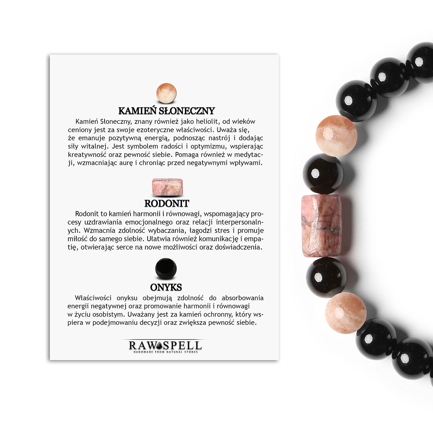 Unikalna bransoletka na sznurku z kolekcji Laeri z kamieniem słonecznym, różowym rodonitem i onyksem, przeznaczona Bransoletka z kolekcji Laeri wykonana z naturalnych kamieni: Słoneczny Kamień, różowy rodonit i onyks, dedykowana dla kobiet i mężczyzn.