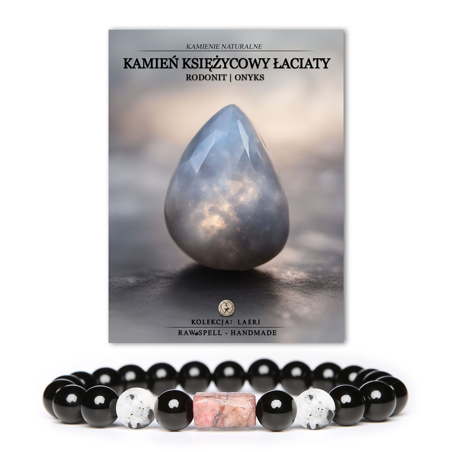 Stylowa bransoletka Laeri z Kamieniem Księżycowym Łaciatym, różowym Rodonitem i Onyksem - unisex, idealna dla każdego.