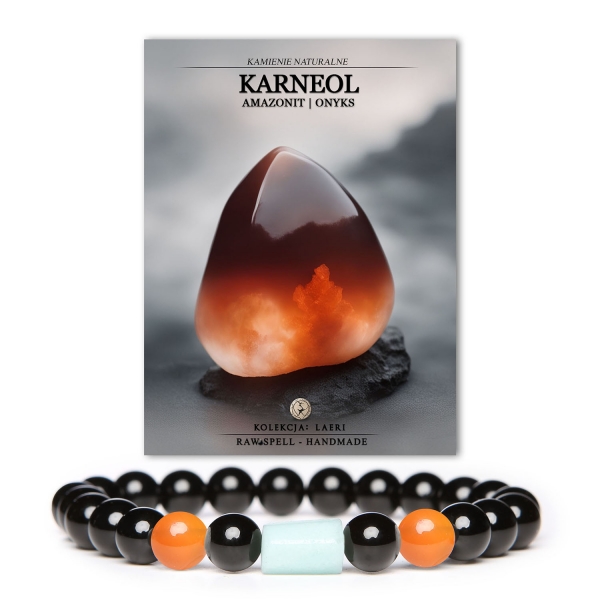 Stylowa bransoletka Laeri z kamieniami naturalnymi: karneol, amazonit i onyks, unisex – doskonały dodatek dla każdego.